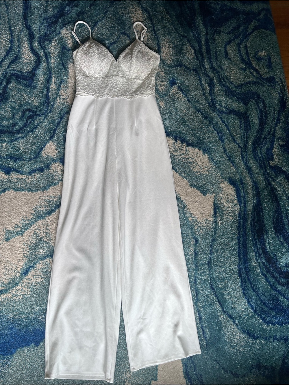 Alya White Lace-Trim Wide-Leg Sleep Jumpsuit